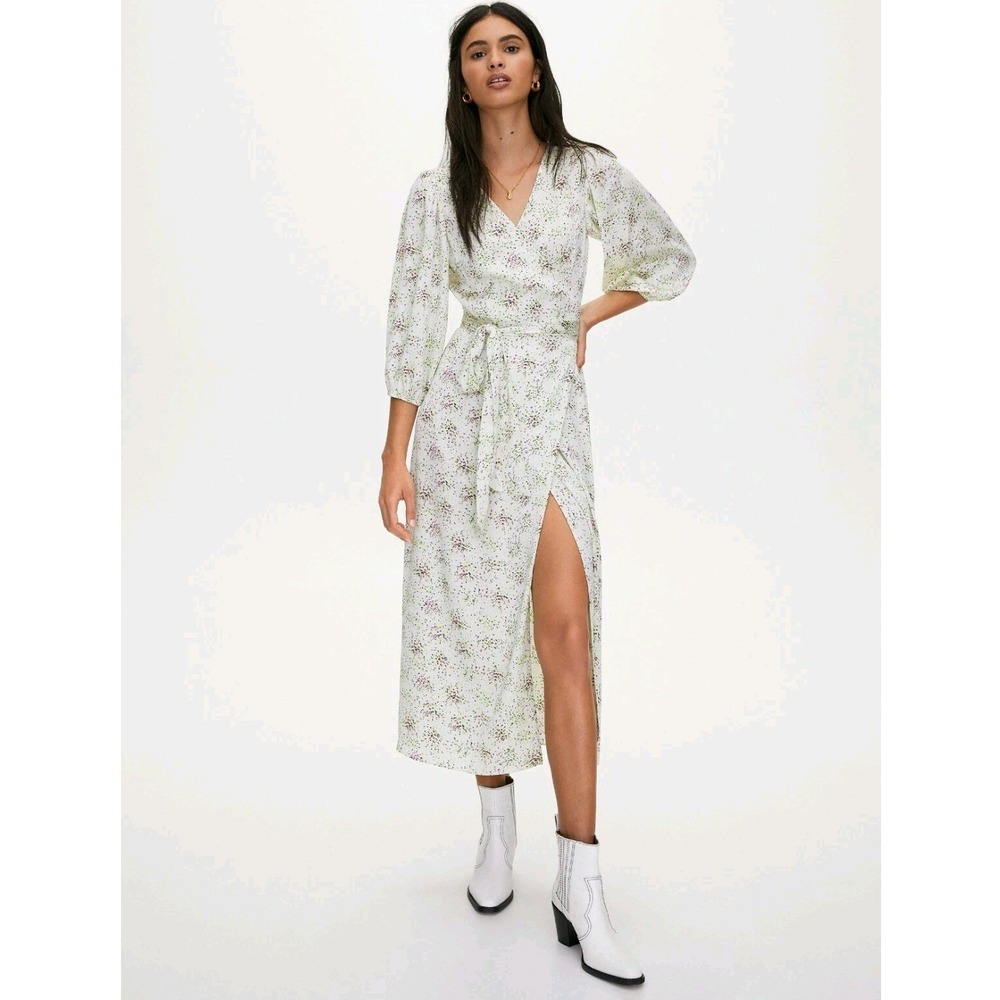Aritzia Little Moon Boho Cottage Wrap Midi Dress XS Green Floral Puff Sleeve NEW